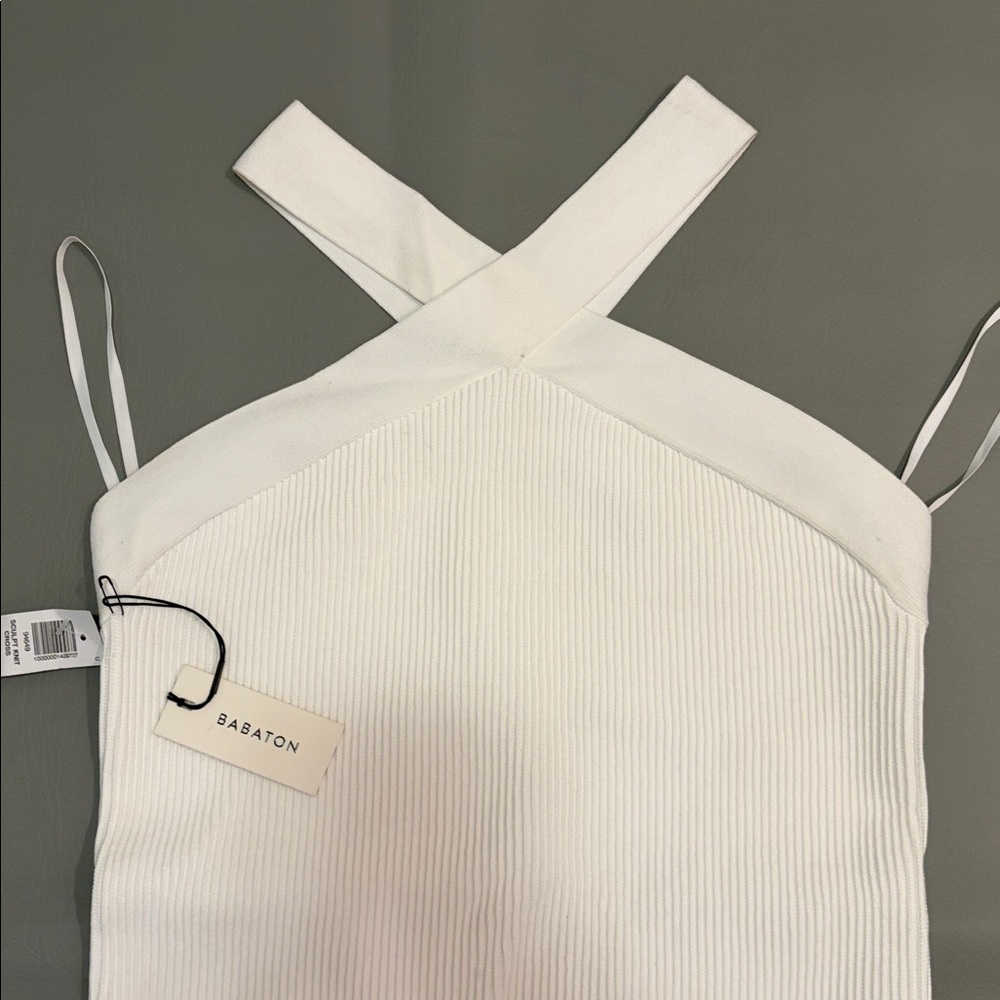 Aritzia Babaton Dress Mini NWT Sculpt Knit Cross Ribbed Halter White size Large - Picture 6 of 14
